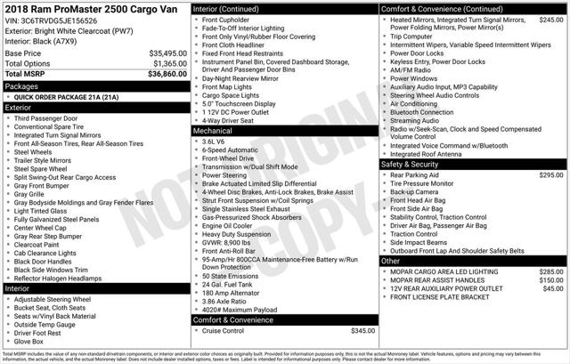 2018 RAM ProMaster 2500 Cargo Van High Roof 159 WB