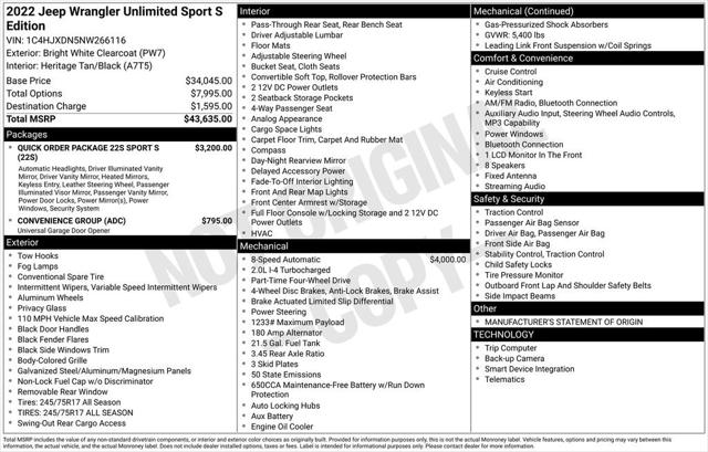 2022 Jeep Wrangler Unlimited Sport S 4x4 2022 Jeep Wrangler Unlimited Sport S 4x4