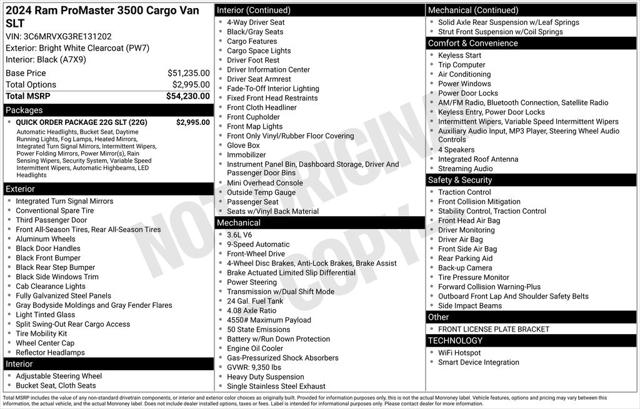 2024 RAM Ram ProMaster RAM PROMASTER 3500 SLT CARGO VAN HIGH ROOF 136 WB