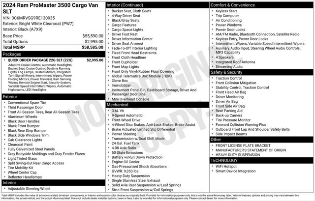 2024 RAM Ram ProMaster RAM PROMASTER 3500 SLT CARGO VAN SUPER HIGH ROOF 159 WB EXT