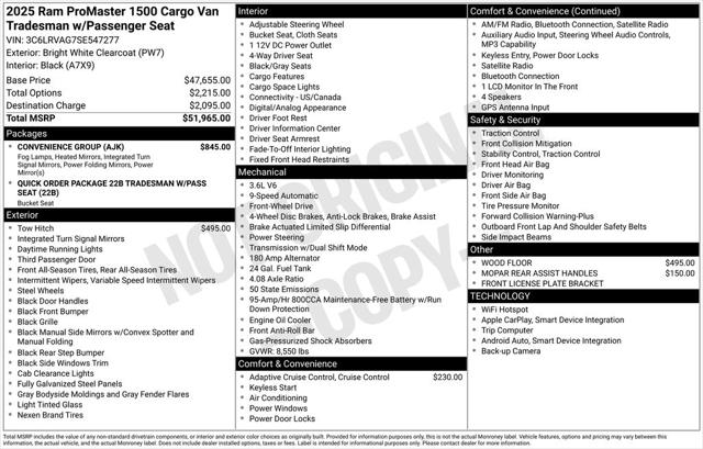 2025 Ram ProMaster Cargo Van Tradesman Low Roof 136" WB w/Pass Seat for sale in St Charles, MN