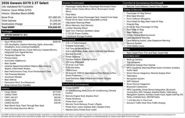 2026 Genesis GV70 2.5T Select