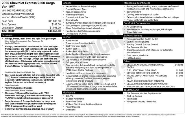 2025 Chevrolet Express Cargo Van RWD 2500 Regular Wheelbase WT