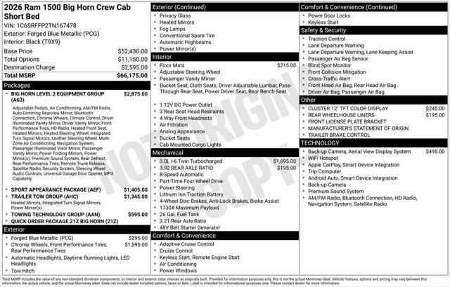 2026 RAM Ram 1500 RAM 1500 BIG HORN CREW CAB 4X4 57 BOX
