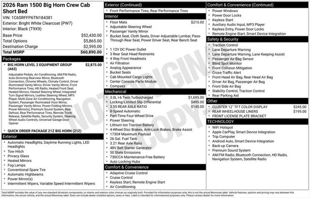 2026 RAM Ram 1500 RAM 1500 BIG HORN CREW CAB 4X4 57 BOX 2026 RAM Ram 1500 RAM 1500 BIG HORN CREW CAB 4X4 57 BOX