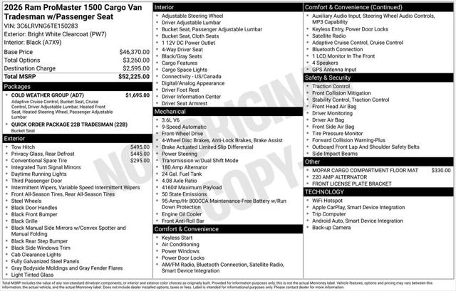 2026 RAM Ram ProMaster RAM PROMASTER 1500 TRADESMAN CARGO VAN LOW ROOF 118 WB