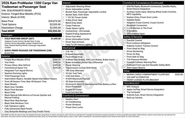 2026 RAM Ram ProMaster RAM PROMASTER 1500 TRADESMAN CARGO VAN LOW ROOF 118 WB 2026 RAM Ram ProMaster RAM PROMASTER 1500 TRADESMAN CARGO VAN LOW ROOF 118 WB