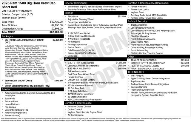 2026 RAM Ram 1500 RAM 1500 BIG HORN CREW CAB 4X4 57 BOX