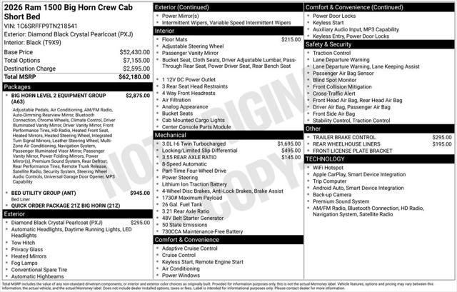 2026 RAM Ram 1500 RAM 1500 BIG HORN CREW CAB 4X4 57 BOX