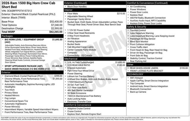 2026 RAM Ram 1500 RAM 1500 BIG HORN CREW CAB 4X4 57 BOX 2026 RAM Ram 1500 RAM 1500 BIG HORN CREW CAB 4X4 57 BOX