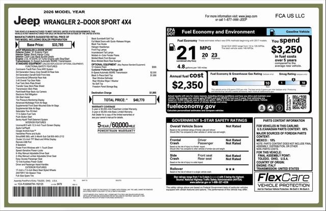 2026 Jeep Wrangler WRANGLER 2-DOOR SPORT 2026 Jeep Wrangler WRANGLER 2-DOOR SPORT