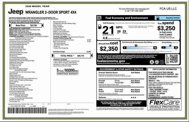 2026 Jeep Wrangler WRANGLER 2-DOOR SPORT 2026 Jeep Wrangler WRANGLER 2-DOOR SPORT