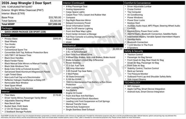 2026 Jeep Wrangler WRANGLER 2-DOOR SPORT 2026 Jeep Wrangler WRANGLER 2-DOOR SPORT