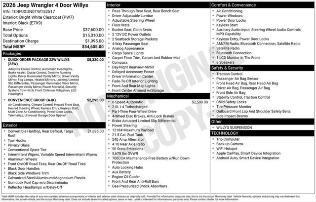 2026 Jeep Wrangler WRANGLER 4-DOOR WILLYS 2026 Jeep Wrangler WRANGLER 4-DOOR WILLYS
