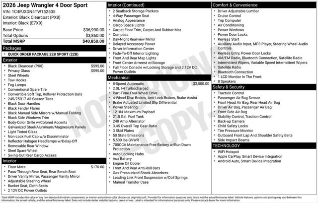 2026 Jeep Wrangler WRANGLER 4-DOOR SPORT