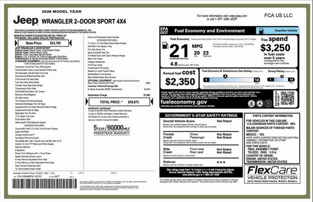 2026 Jeep Wrangler WRANGLER 2-DOOR SPORT 2026 Jeep Wrangler WRANGLER 2-DOOR SPORT