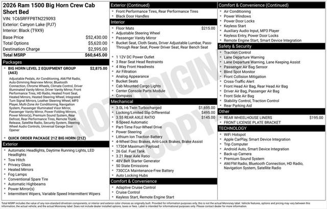 2026 RAM Ram 1500 RAM 1500 BIG HORN CREW CAB 4X4 57 BOX 2026 RAM Ram 1500 RAM 1500 BIG HORN CREW CAB 4X4 57 BOX