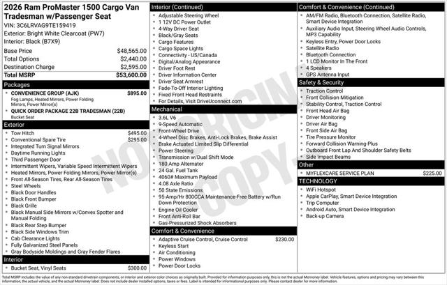2026 RAM Ram ProMaster RAM PROMASTER 1500 TRADESMAN CARGO VAN LOW ROOF 136 WB 2026 RAM Ram ProMaster RAM PROMASTER 1500 TRADESMAN CARGO VAN LOW ROOF 136 WB
