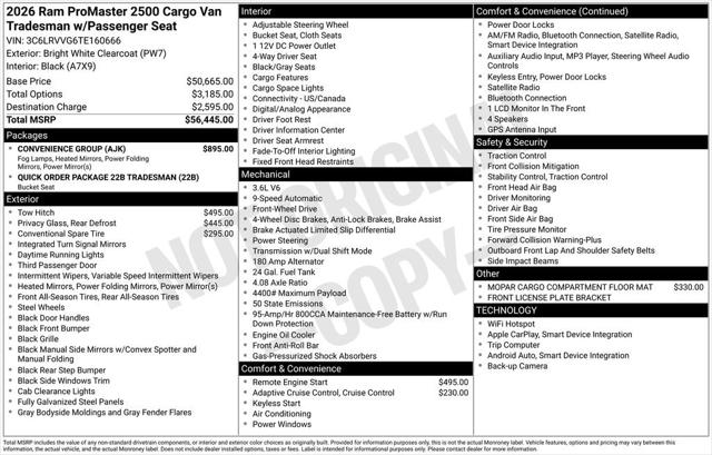 2026 RAM Ram ProMaster RAM PROMASTER 2500 TRADESMAN CARGO VAN LOW ROOF 136 WB