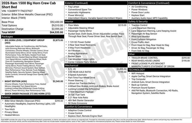 2026 RAM Ram 1500 RAM 1500 BIG HORN CREW CAB 4X4 57 BOX 2026 RAM Ram 1500 RAM 1500 BIG HORN CREW CAB 4X4 57 BOX