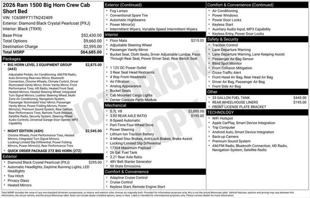 2026 RAM Ram 1500 RAM 1500 BIG HORN CREW CAB 4X4 57 BOX 2026 RAM Ram 1500 RAM 1500 BIG HORN CREW CAB 4X4 57 BOX