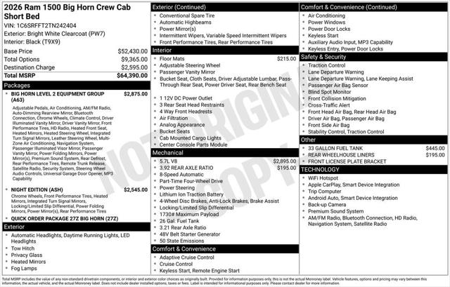 2026 RAM Ram 1500 RAM 1500 BIG HORN CREW CAB 4X4 57 BOX 2026 RAM Ram 1500 RAM 1500 BIG HORN CREW CAB 4X4 57 BOX