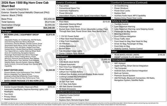 2026 RAM Ram 1500 RAM 1500 BIG HORN CREW CAB 4X4 57 BOX 2026 RAM Ram 1500 RAM 1500 BIG HORN CREW CAB 4X4 57 BOX