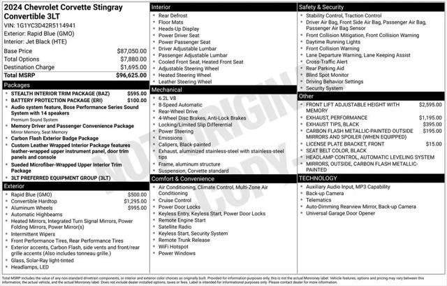 2024 Chevrolet Corvette Stingray RWD Convertible 3LT