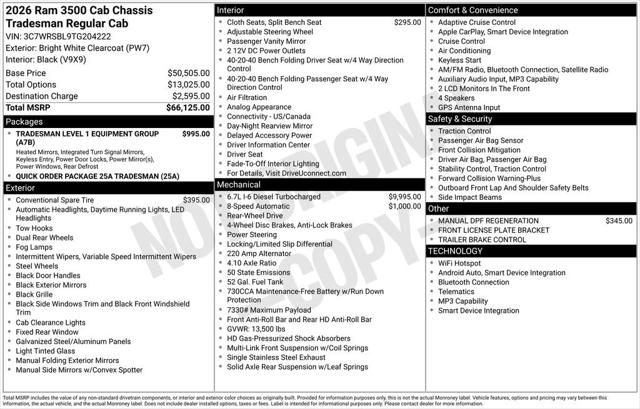 2026 RAM Ram 3500 Chassis Cab RAM 3500 TRADESMAN CHASSIS REGULAR CAB 4X2 84 CA
