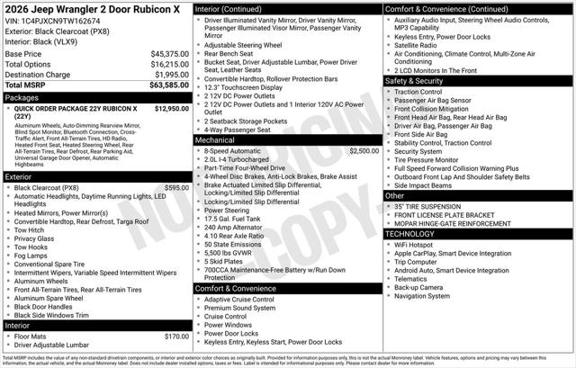 2026 Jeep Wrangler WRANGLER 2-DOOR RUBICON X 2026 Jeep Wrangler WRANGLER 2-DOOR RUBICON X