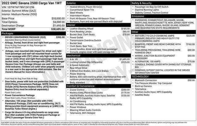 2022 GMC Savana Cargo RWD 2500 Regular Wheelbase Work Van 2022 GMC Savana Cargo RWD 2500 Regular Wheelbase Work Van