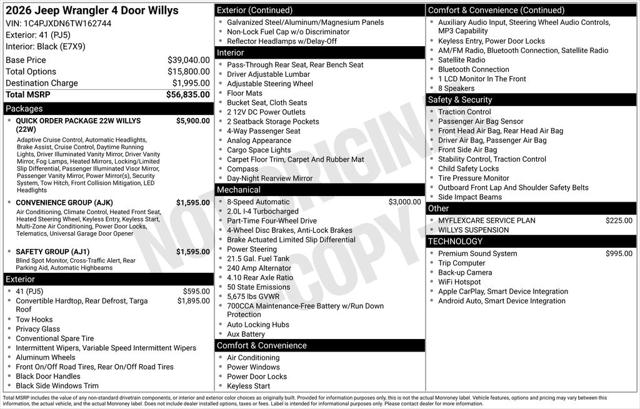 2026 Jeep Wrangler WRANGLER 4-DOOR WILLYS 2026 Jeep Wrangler WRANGLER 4-DOOR WILLYS