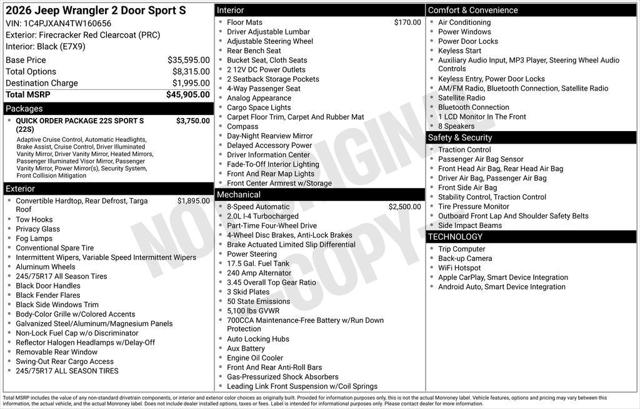 2026 Jeep Wrangler WRANGLER 2-DOOR SPORT S 2026 Jeep Wrangler WRANGLER 2-DOOR SPORT S