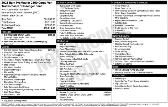 2026 RAM Ram ProMaster RAM PROMASTER 2500 TRADESMAN CARGO VAN HIGH ROOF 159 WB