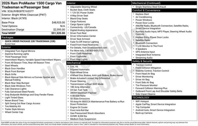 2026 RAM Ram ProMaster RAM PROMASTER 1500 TRADESMAN CARGO VAN HIGH ROOF 136 WB 2026 RAM Ram ProMaster RAM PROMASTER 1500 TRADESMAN CARGO VAN HIGH ROOF 136 WB