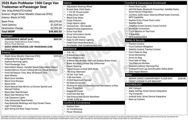 2026 RAM Ram ProMaster RAM PROMASTER 1500 TRADESMAN CARGO VAN LOW ROOF 118 WB