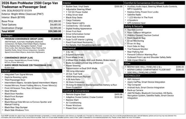 2026 Ram ProMaster 2500 Cargo Van Tradesman High Roof 159 WB w/Pass Seat