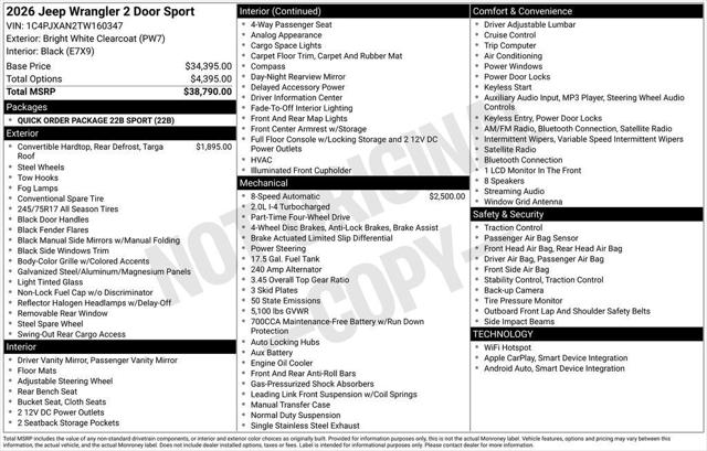 2026 Jeep Wrangler WRANGLER 2-DOOR SPORT 2026 Jeep Wrangler WRANGLER 2-DOOR SPORT