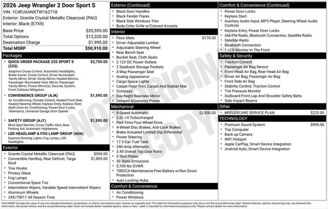 2026 Jeep Wrangler WRANGLER 2-DOOR SPORT S 2026 Jeep Wrangler WRANGLER 2-DOOR SPORT S