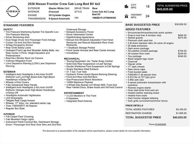 2026 Nissan Frontier Crew Cab Long Bed SV 4x2
