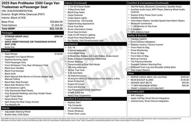 2025 RAM ProMaster 2500 Cargo Van Tradesman High Roof 159 WB w/Pass Seat