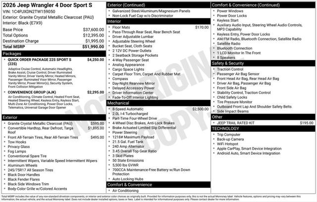 2026 Jeep Wrangler WRANGLER 4-DOOR SPORT S 2026 Jeep Wrangler WRANGLER 4-DOOR SPORT S