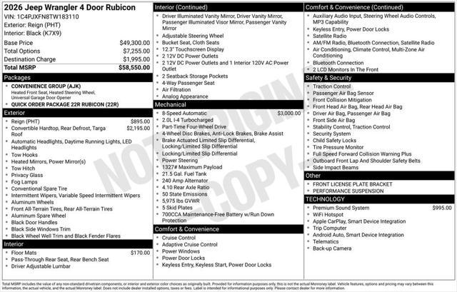 2026 Jeep Wrangler WRANGLER 4-DOOR RUBICON 2026 Jeep Wrangler WRANGLER 4-DOOR RUBICON