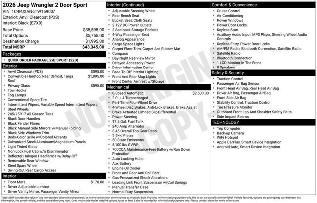 2026 Jeep Wrangler WRANGLER 2-DOOR SPORT 2026 Jeep Wrangler WRANGLER 2-DOOR SPORT