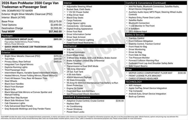 2026 RAM Ram ProMaster RAM PROMASTER 3500 TRADESMAN CARGO VAN HIGH ROOF 136 WB