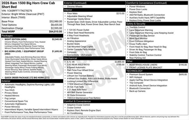 2026 RAM Ram 1500 RAM 1500 BIG HORN CREW CAB 4X4 57 BOX