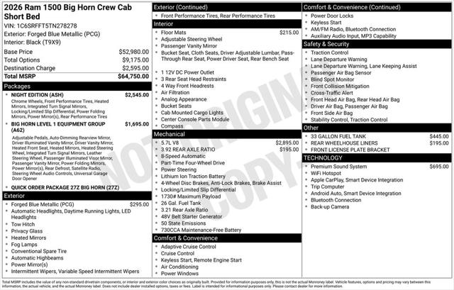2026 RAM Ram 1500 RAM 1500 BIG HORN CREW CAB 4X4 57 BOX