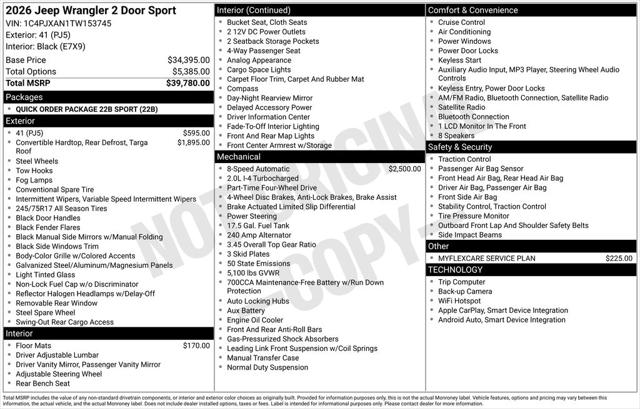 2026 Jeep Wrangler WRANGLER 2-DOOR SPORT 2026 Jeep Wrangler WRANGLER 2-DOOR SPORT