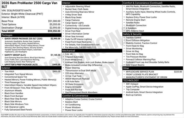 2026 RAM Ram ProMaster RAM PROMASTER 2500 SLT CARGO VAN HIGH ROOF 159 WB 2026 RAM Ram ProMaster RAM PROMASTER 2500 SLT CARGO VAN HIGH ROOF 159 WB
