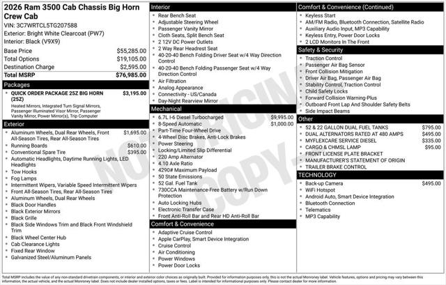 2026 RAM Ram 3500 Chassis Cab RAM 3500 BIG HORN CREW CAB CHASSIS 4X4 60 CA